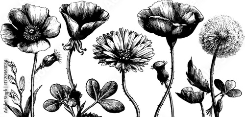 Vintage botanical illustration set of buttercup, clover, yarrow, and dandelion for design