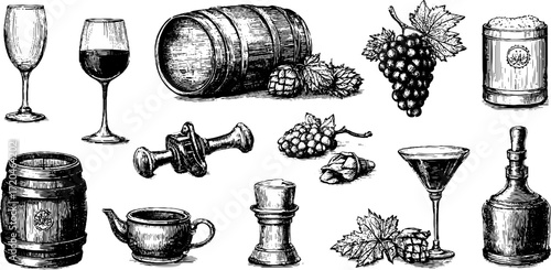 Vintage wine and beverage collection: hand drawn engraving of glasses, barrels, and grapes for design and decor