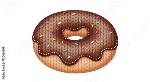 Charming knitted chocolate donut illustration with colorful sprinkles, a delightful and whimsical digital artwork to add sweetness and handmade appeal