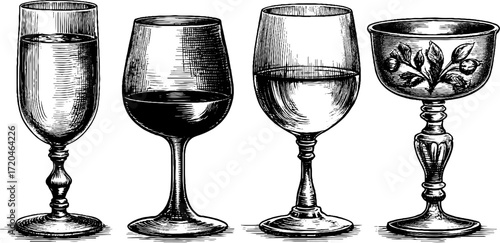 Vintage hand drawn sketch of champagne and wine glasses for retro design use