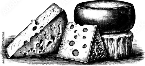 Vintage cheese illustration set featuring cheddar, gouda, and parmesan for culinary design