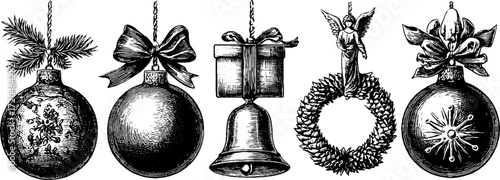 Vintage christmas ornament collection with baubles, bells, and wreaths for holiday decor