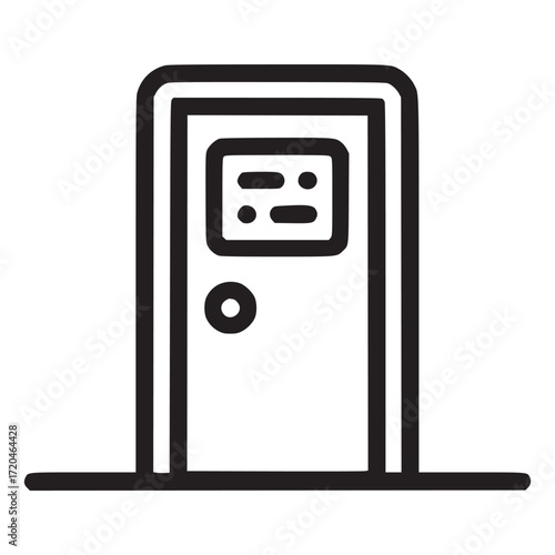 Illustration of a door the door features a small window and a doorknob, representing entry, exit, opportunity, or access to a space or location in a minimalist style