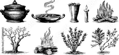 Vintage hand-drawn illustration set of fire elements including ember, spark, wildfire, and incense scenes