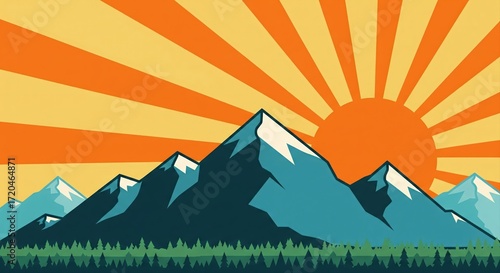 Retro Mountain Sun Travel Poster

