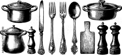 Vintage hand-drawn kitchen utensil set with knives, forks, spoons, pots, pans, and cutting board
