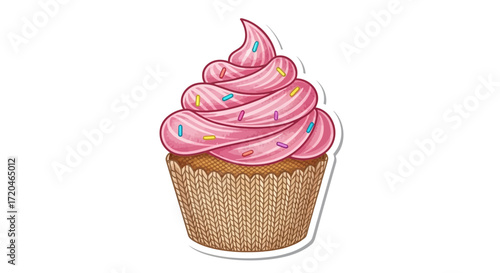 Vector illustration of a cute cupcake with pink frosting and colorful sprinkles. Sweet dessert graphic isolated on white for bakery and party themes