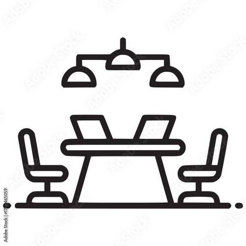 Vector art of a conference room icon features a table with laptops, chairs, and a chandelier, representing meetings, collaboration, and teamwork in a clean, minimalist line art style