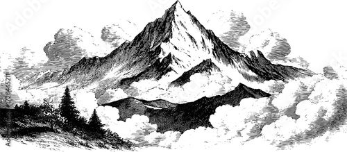 Vintage hand drawn mountain peak and valley sketch for nature design