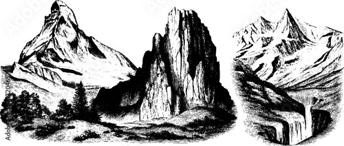 Vintage hand drawn mountain peak and valley illustrations for nature design
