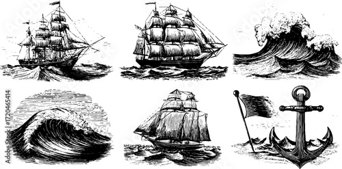 Vintage nautical illustration set featuring sailing ships, ocean waves, and anchors