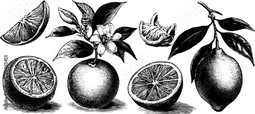 Vintage fruit illustration set featuring orange lemon lime and grapefruit for retro design