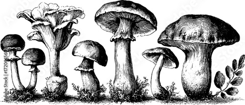 Hand drawn vintage illustration set of oyster and shiitake mushrooms for culinary design