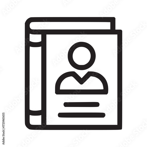 Vector art of a simple black and white line drawing of a book with a person icon on the cover, the book is closed and the person icon is centered on the cover with lines below