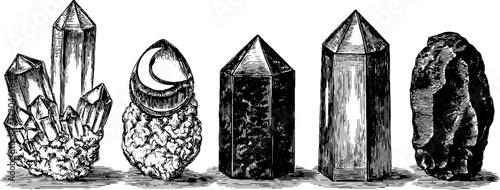 Vintage mineral collection: quartz, amethyst, garnet, obsidian sketch for retro design