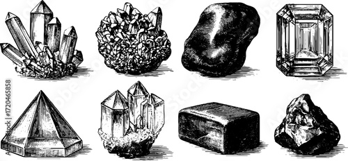 Vintage quartz and amethyst crystal collection - hand drawn engraving for design and decor