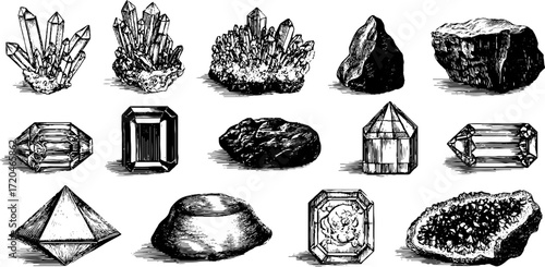 Vintage hand drawn engraving of quartz crystals and amethyst clusters for design