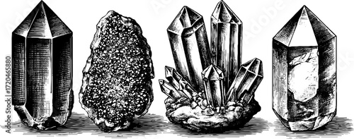 Vintage hand-drawn sketch of quartz crystal and amethyst cluster for design and decoration