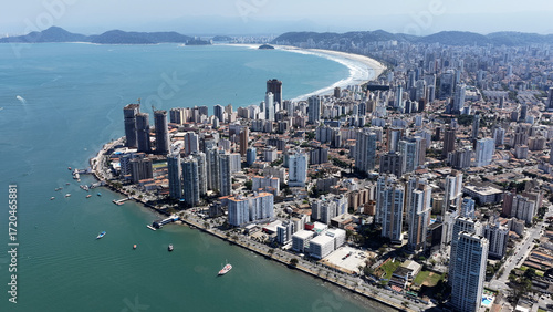 Santos Skyline At Santos In Sao Paulo Brazil. Beach Landscape. Downtown Seascape. Travel Destination. Santos Skyline At Santos In Sao Paulo Brazil. Tourism Skyline.