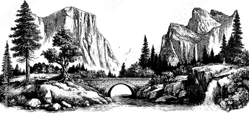 Majestic rocky ridge with glacier and snow-capped peaks illustration