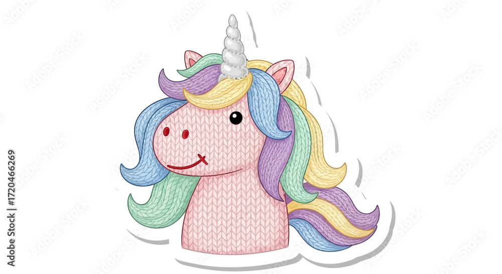 Naklejka premium Adorable Knitted Unicorn Illustration Pastel Rainbow Mane Sticker