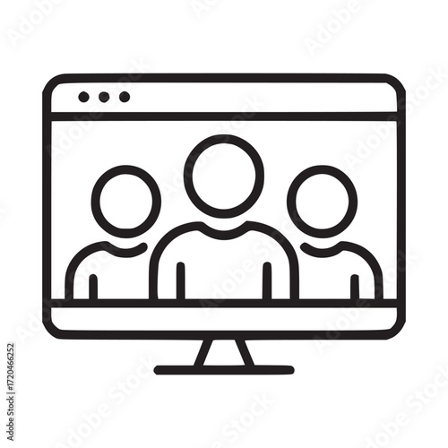 Vector art of online meeting icon minimalist line art illustration of a computer screen with three people on it, representing remote collaboration, virtual communication, and video conferencing