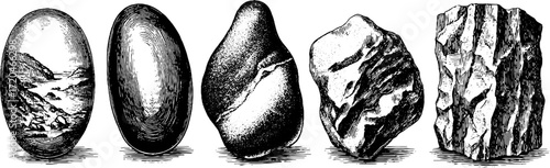 Vintage hand drawn illustration set of sea pebbles and rock cliffs for design and decor