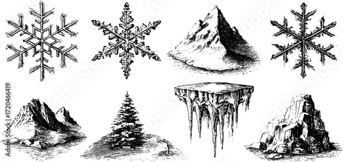 Vintage snowflakes, ice cracks, and icicles set for winter design