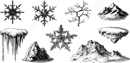Winter elements collection: snowflakes, icicles, and mountain sketches for vintage design