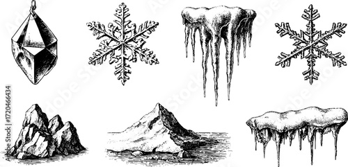 Winter elements collection: snowflakes, icicles, and ice formations for seasonal design