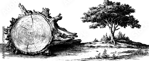Vintage tree cross section and landscape illustration for design projects