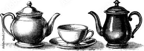 Vintage teapot and teacup set with saucer for kitchen decor and design