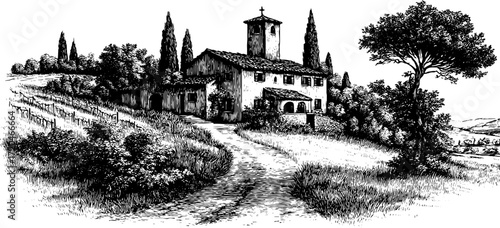 Scenic vineyard farmhouse and orchard landscape - vintage hand drawn art for decorative design
