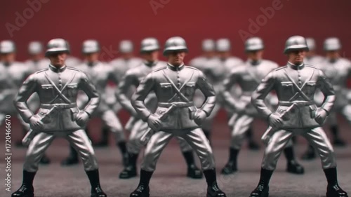 Regiment of Soldiers: A precise formation of toy soldiers stand in stern attention, their metallic sheen reflecting a sense of disciplined unity, framed by a clean backdrop.