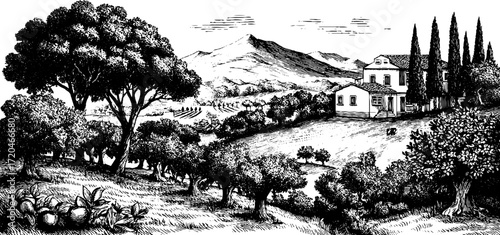 Rustic vineyard farm landscape with orchard and pasture - hand drawn illustration for design