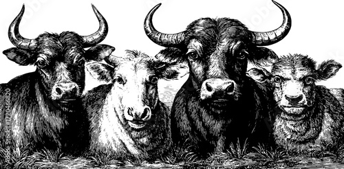 Vintage animal illustration set featuring yak, camel, water buffalo, and gaur for retro design projects
