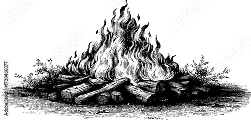 Seamless pattern of bonfire flames in vintage engraving style for retro design