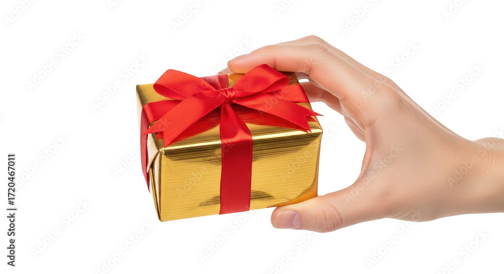 Obraz premium Hand holding a small golden gift box with a red ribbon bow, isolated on transparent background