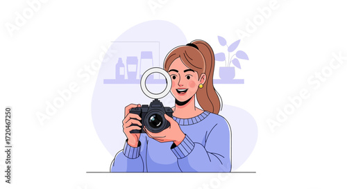 Girl holding camera, making social media content
