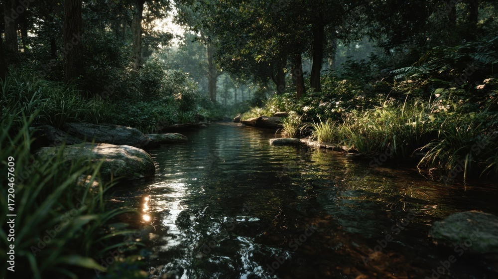 Fototapeta premium Serene Forest Stream with Sunlight Reflection and Tranquil Atmosphere