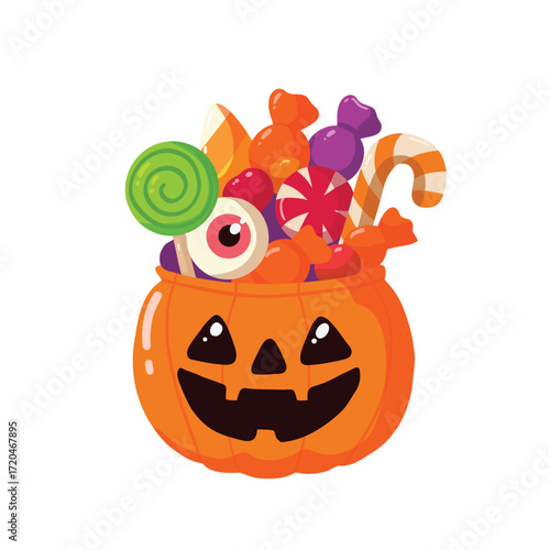 Halloween Pumpkin with candies. Pumpkin bucket filled with colorful sweets and candies. For party flyers, stickers, packaging design, social media, and Halloween merchandise.