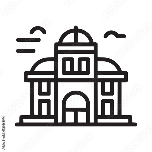 Illustration of a courthouse the design showcases a stately building with architectural elements such as columns, arches, and a dome, representing justice and governance