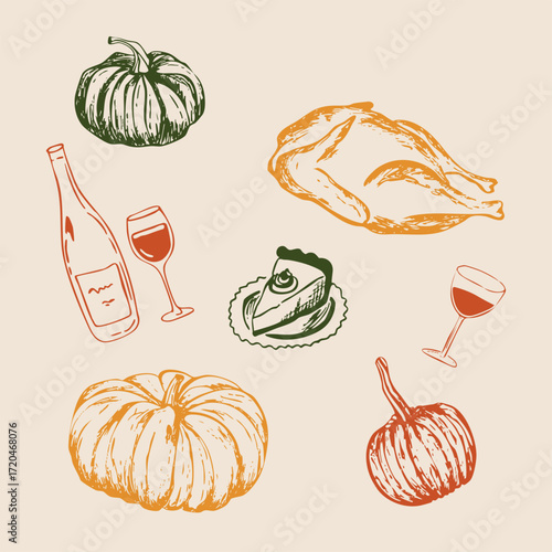 Hand drawn autumn food, pumpkin, mushrooms illustration. Sketch style party picnic icons. Vectors for invitations, menus and parties. La Dolce Vita Italian Style. Happy Thanksgiving Day