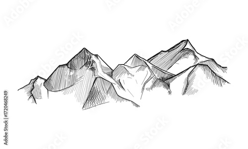 mountain peaks Hand drawn vector illustration. Outdoor camping background in sketch style. Landscape.