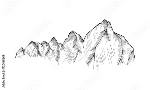  mountain peaks Hand drawn vector illustration. Outdoor camping background in sketch style. Landscape.