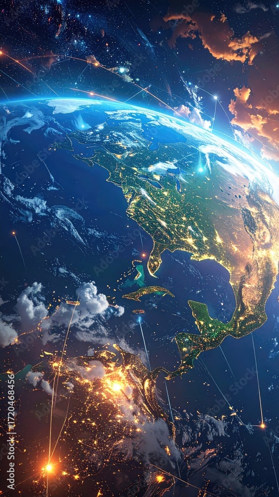 Obraz premium Pixelated Earth at Night with City Lights and Cosmic Elements