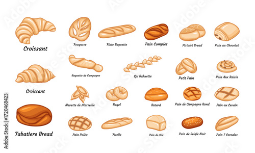 French bread bakery product set, colored vector illustration. Tabatiere, epi baguette, bagel and slices breads. Bake roll, pastry, pain au levain, petits pains and ets.