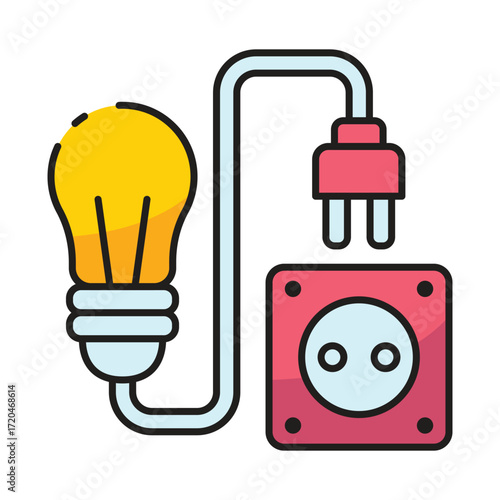 A cartoon illustration of a lightbulb connected by a cord to a wall outlet and plug
