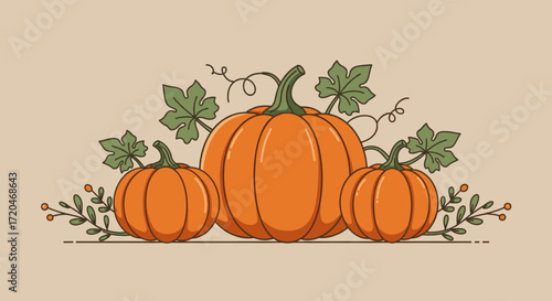 Three orange pumpkins with leaves on a beige background.