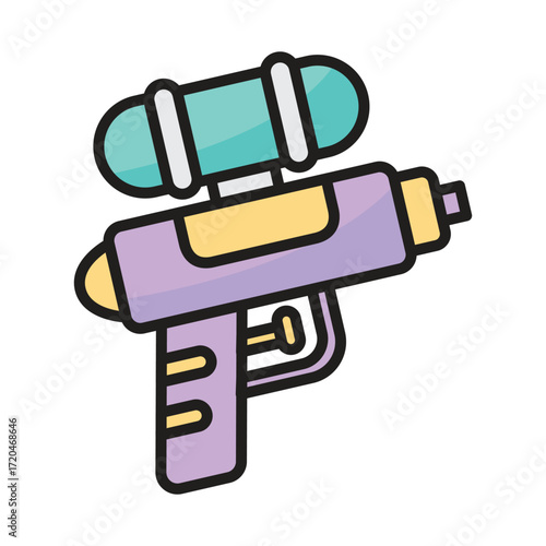 A cartoon illustration of a purple and teal water gun with yellow accents